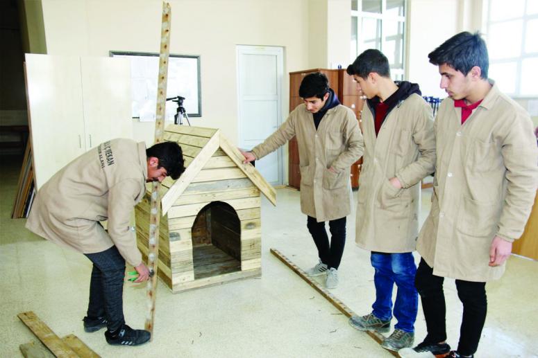 Edremit'teki öğrenciler atık malzemelerden köpek kulübesi yaptı