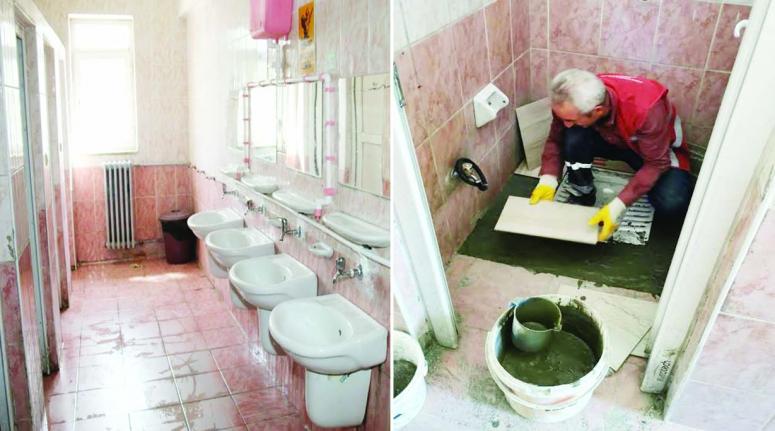 Edremit'te tehlike saçan okul lavaboları baştan sona yenilendi 